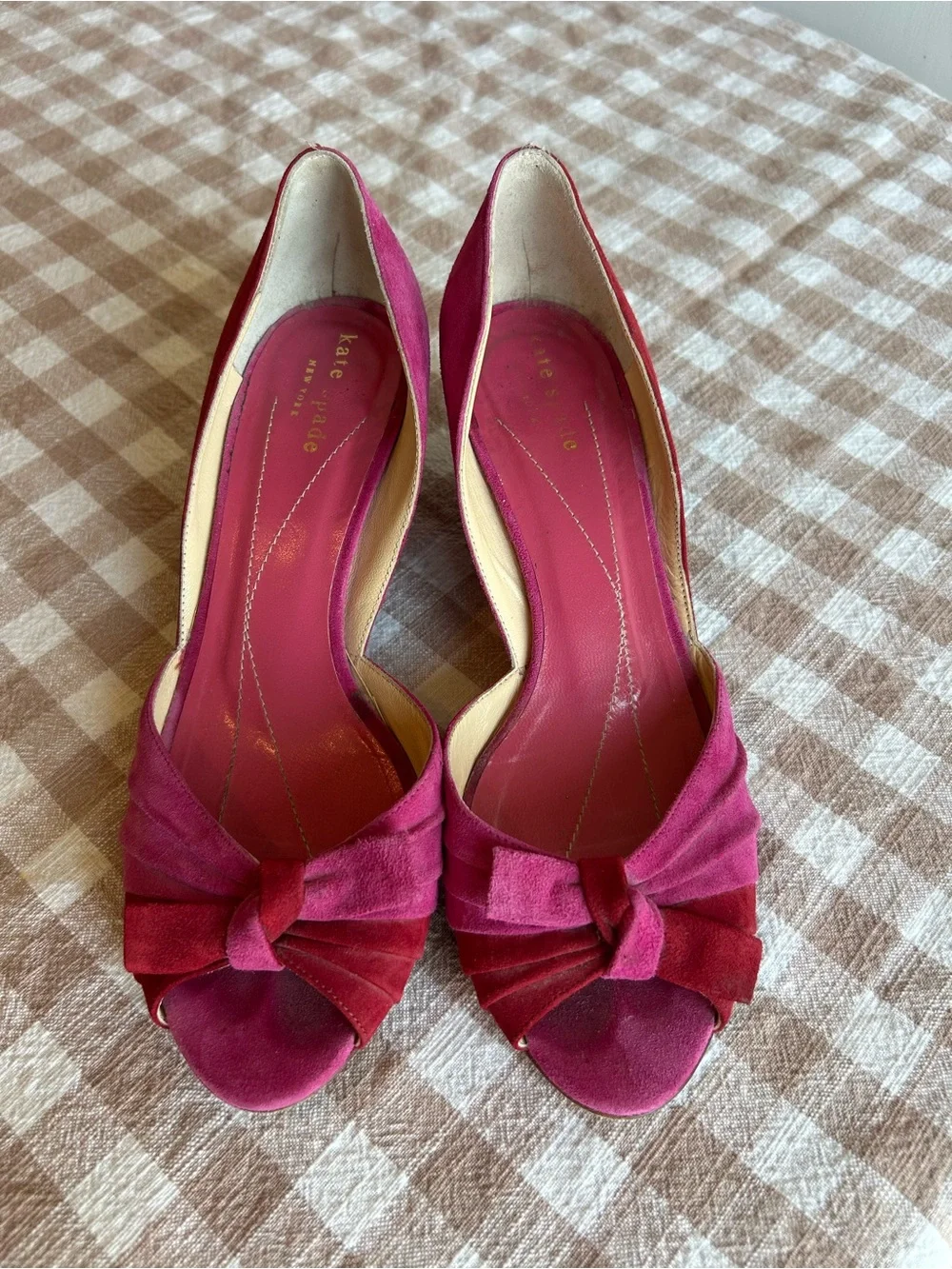 Vintage Kate Spade Pink and Red Suede Knotted Peep-Toe Wedges